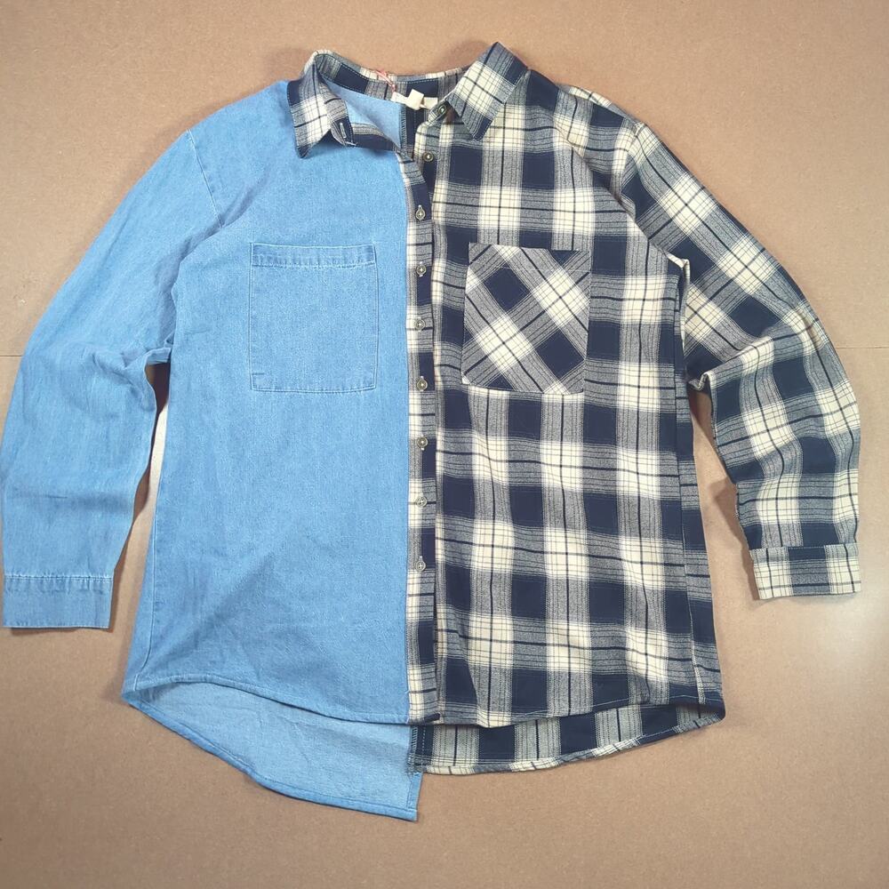 Entro NWT Color Block Plaid Button Down Shirt Blue Navy Cream M